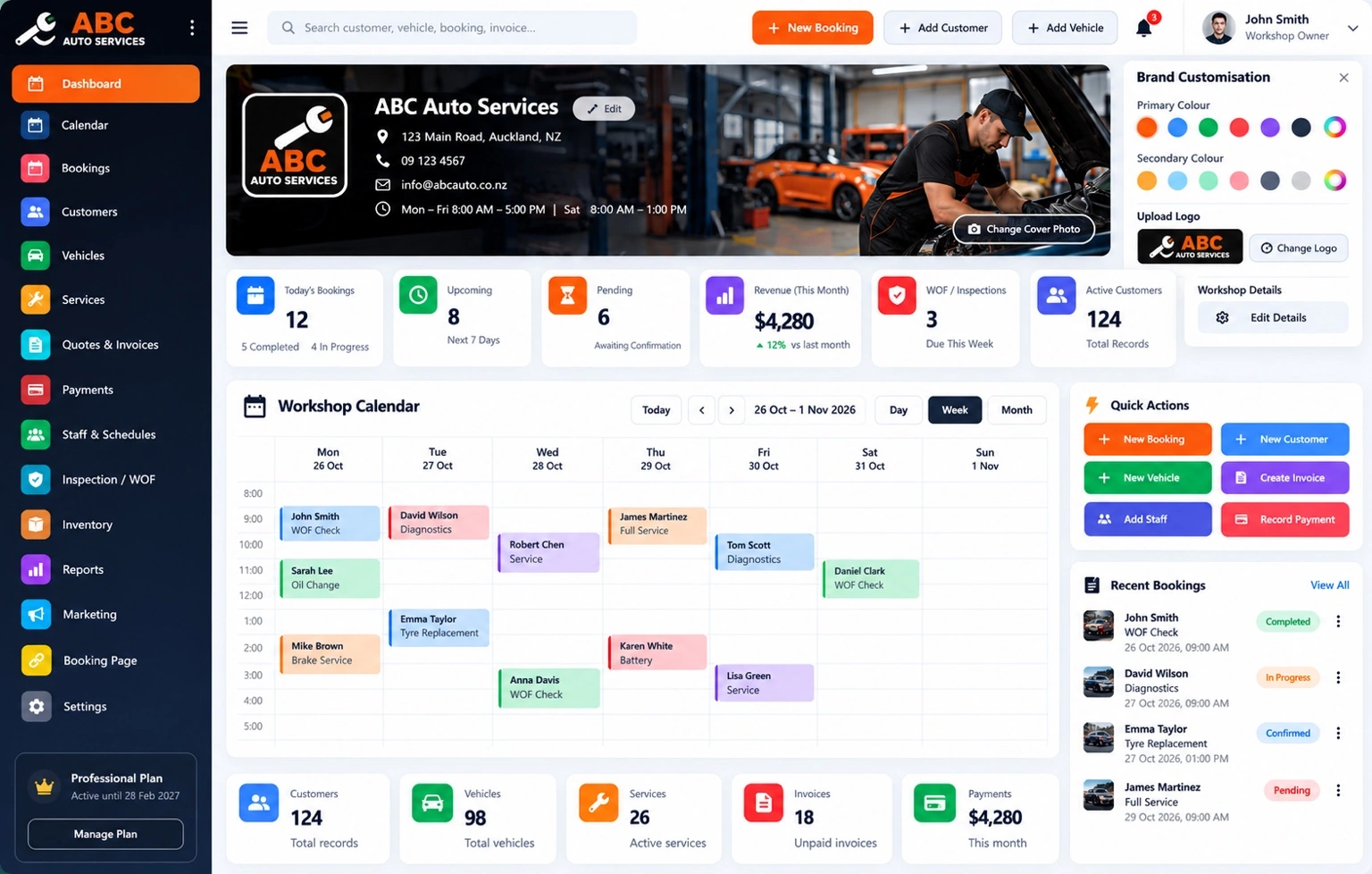 Auto Workshop Software dashboard with bookings, calendar, customers and vehicles